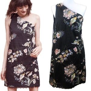 Anthropologie Maeve Ashbury Black Floral Embellished One Shoulder Dress
